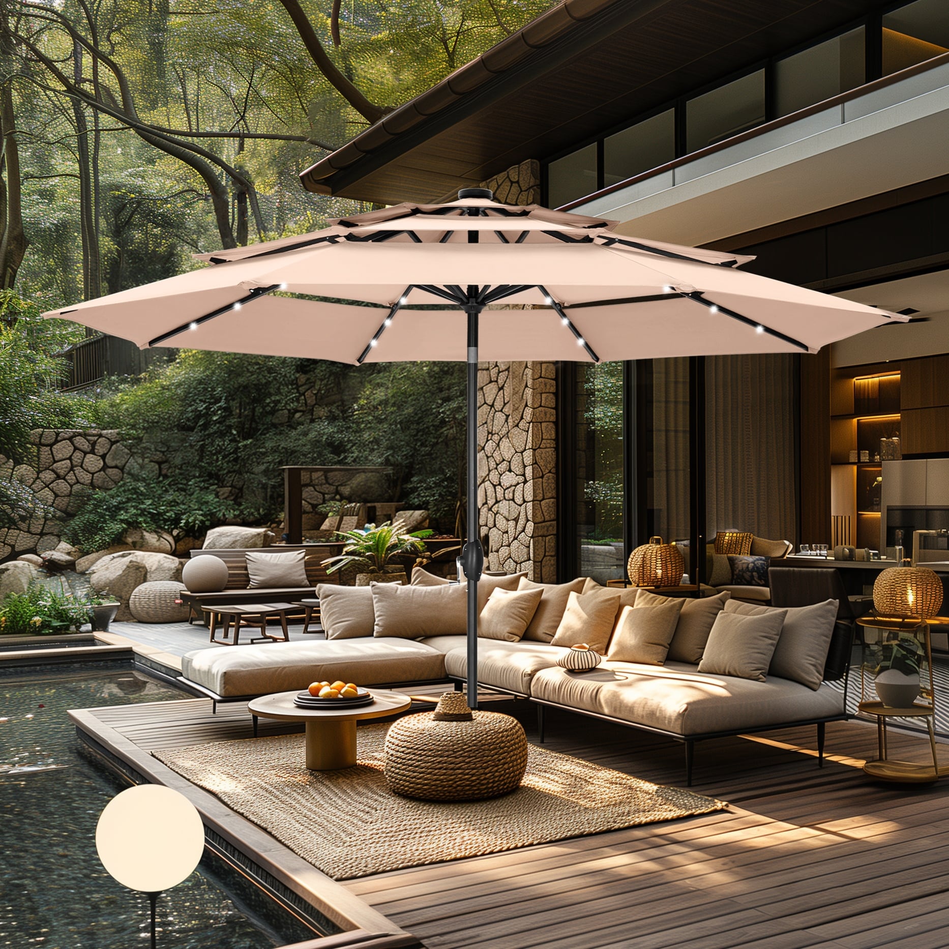 Parasol de terrasse inclinable à 3 niveaux de 10 pieds de MAISON ARTS, parasol d'extérieur à double ventilation avec lumières LED
