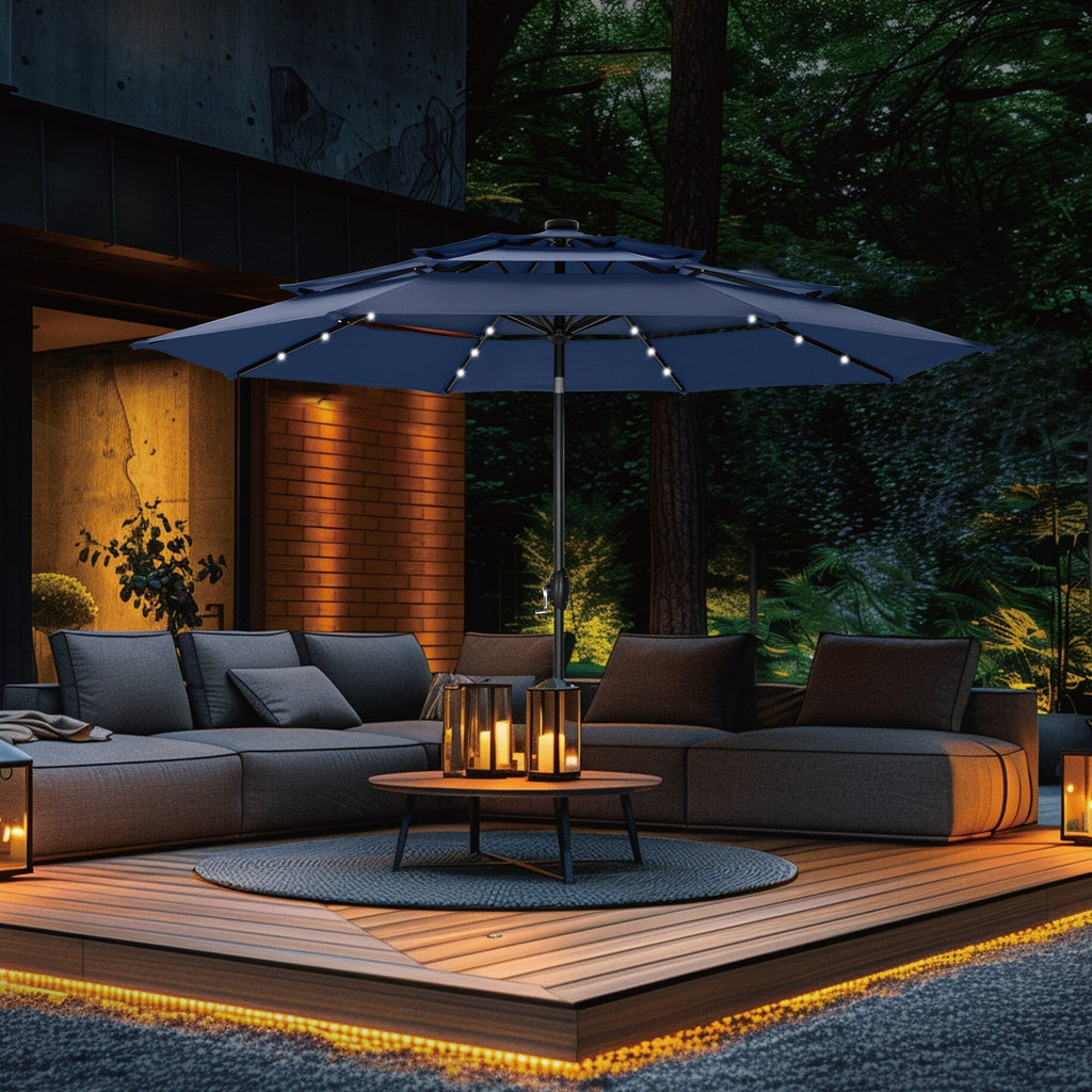Parasol de terrasse inclinable à 3 niveaux de 10 pieds de MAISON ARTS, parasol d'extérieur à double ventilation avec lumières LED