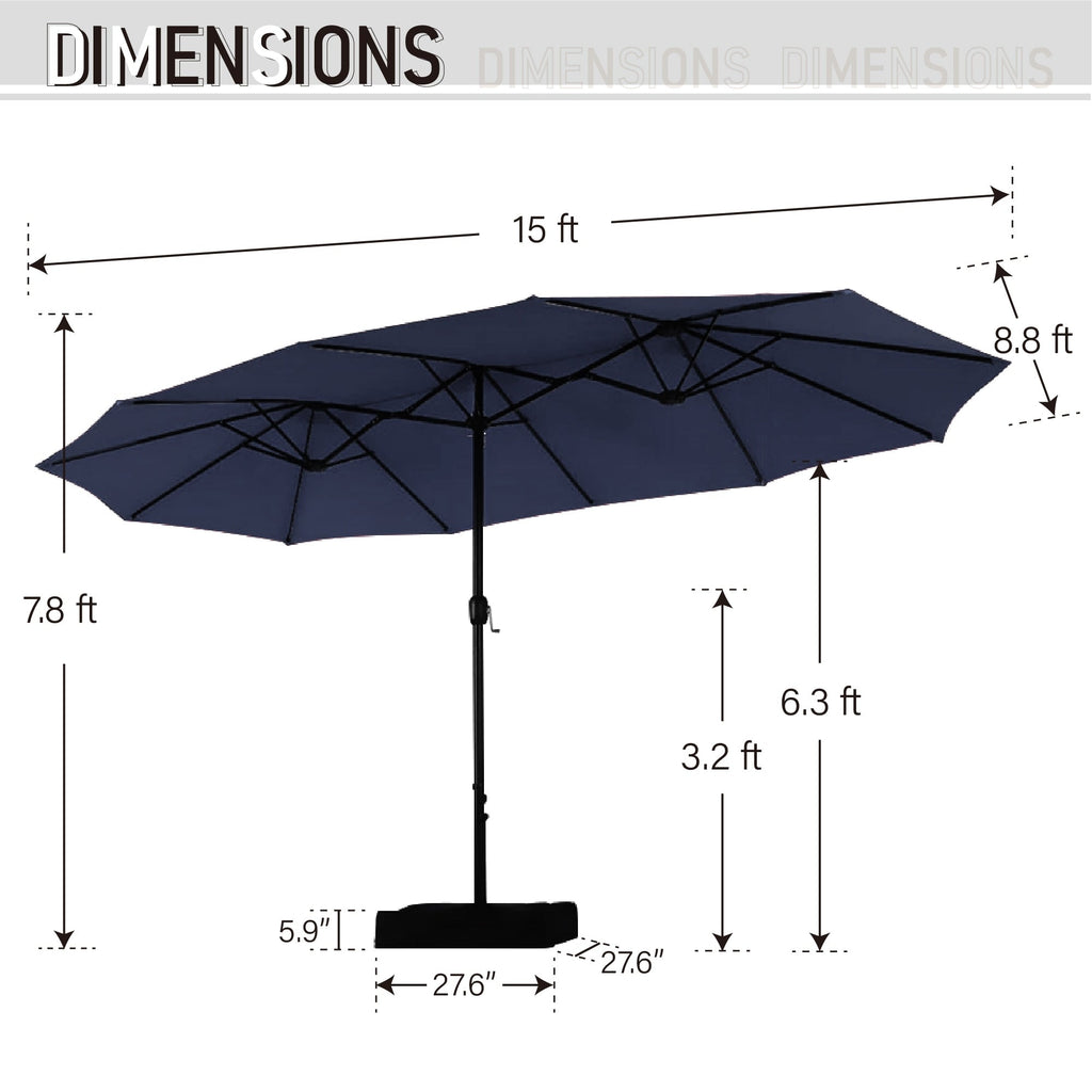 Parasol de marché extérieur rectangulaire à manivelle double face de 15 pieds, parasol de patio éclairé par LED solaire avec base incluse