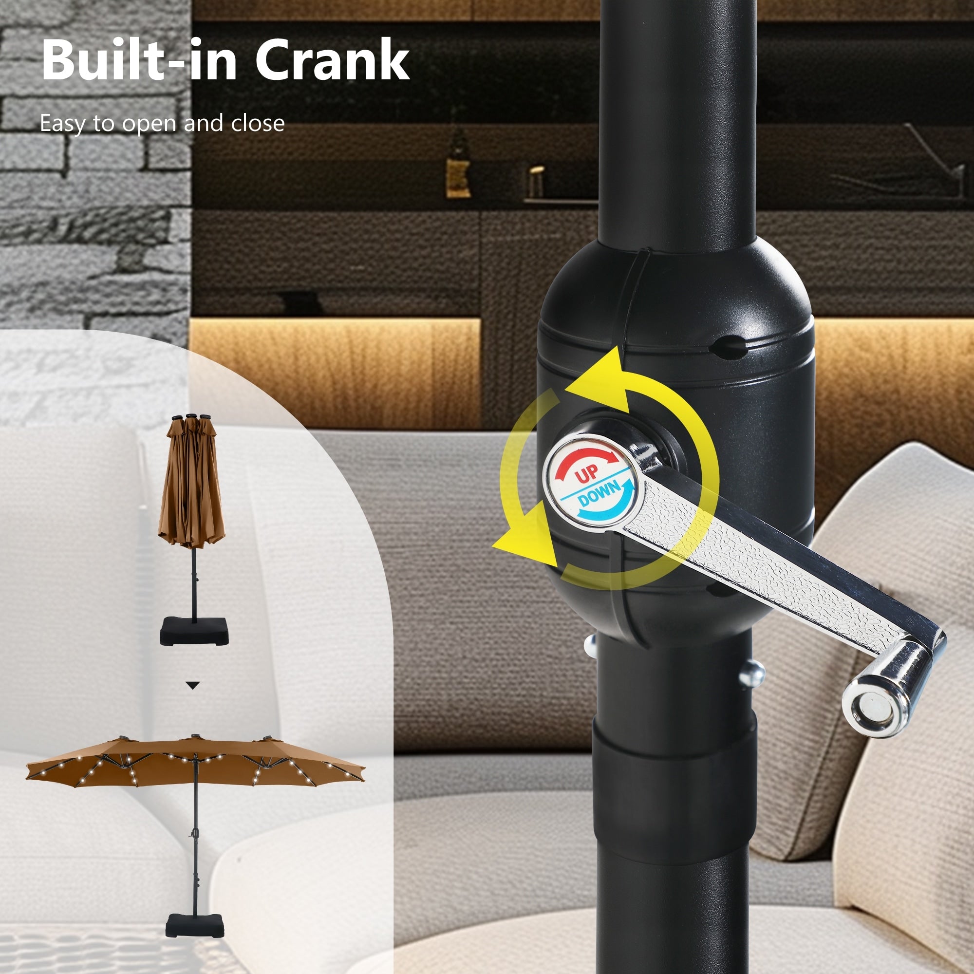 MAISON ARTS Parasol de marché extérieur rectangulaire à manivelle double face de 15 pieds Parasol de patio éclairé par LED solaire avec base incluse