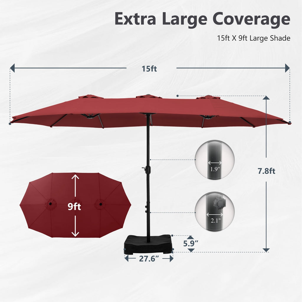 Parasol double extra large de 15 pieds pour patio double face de MAISON ARTS avec base incluse