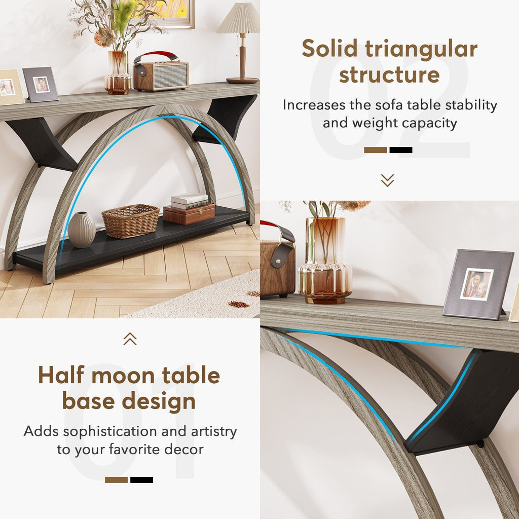 Console étroite à deux niveaux avec cadre semi-circulaire pour entrée, tables d'appoint de couloir grises