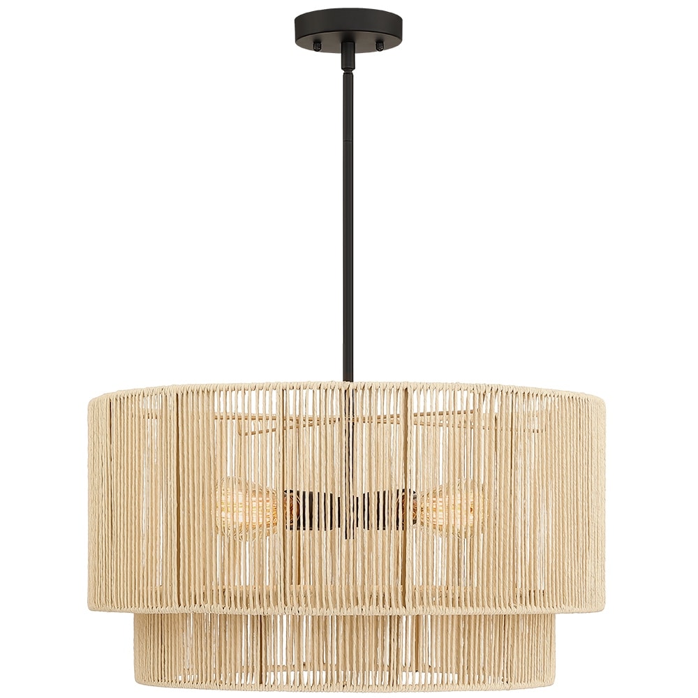 Lustre tambour à 4 lumières en rotin avec auvent noir - 22 po de largeur
