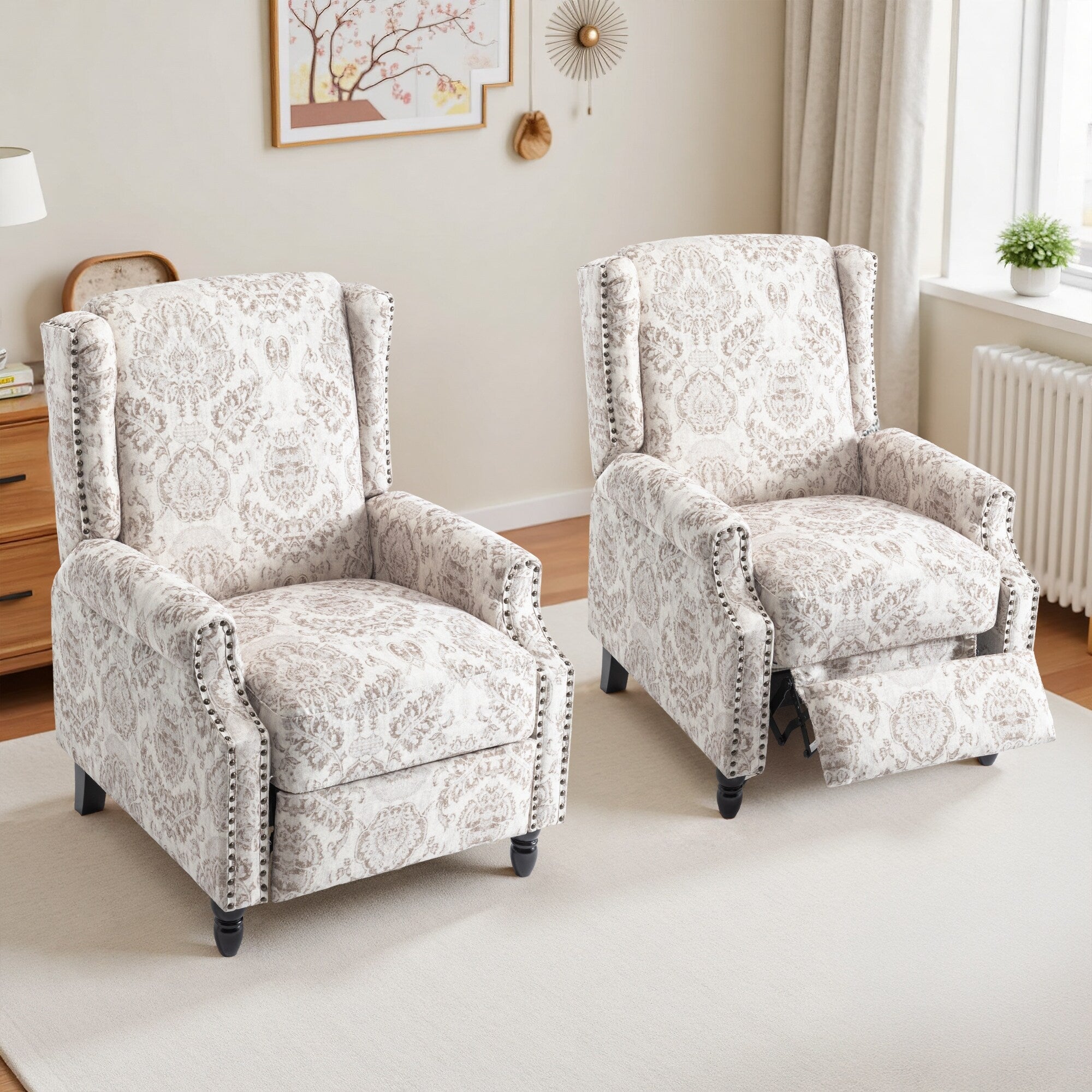 Ensemble de 2 fauteuils inclinables manuels à dossier à motif floral vintage de 29 po de largeur
