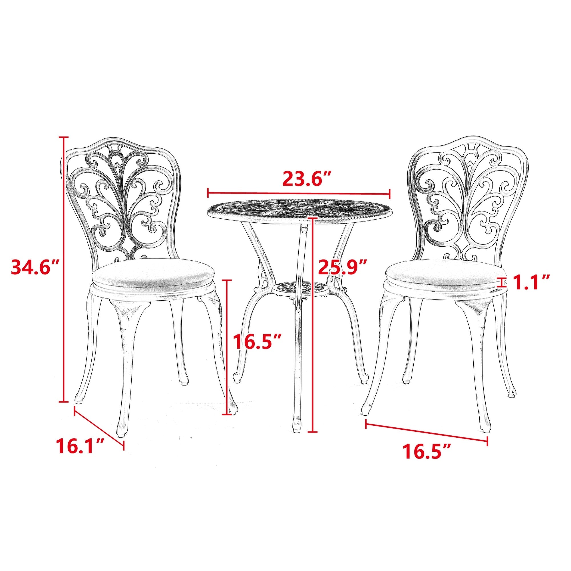 Ensemble de 3 tables et chaises papillon en aluminium pour patio extérieur avec trou pour parasol