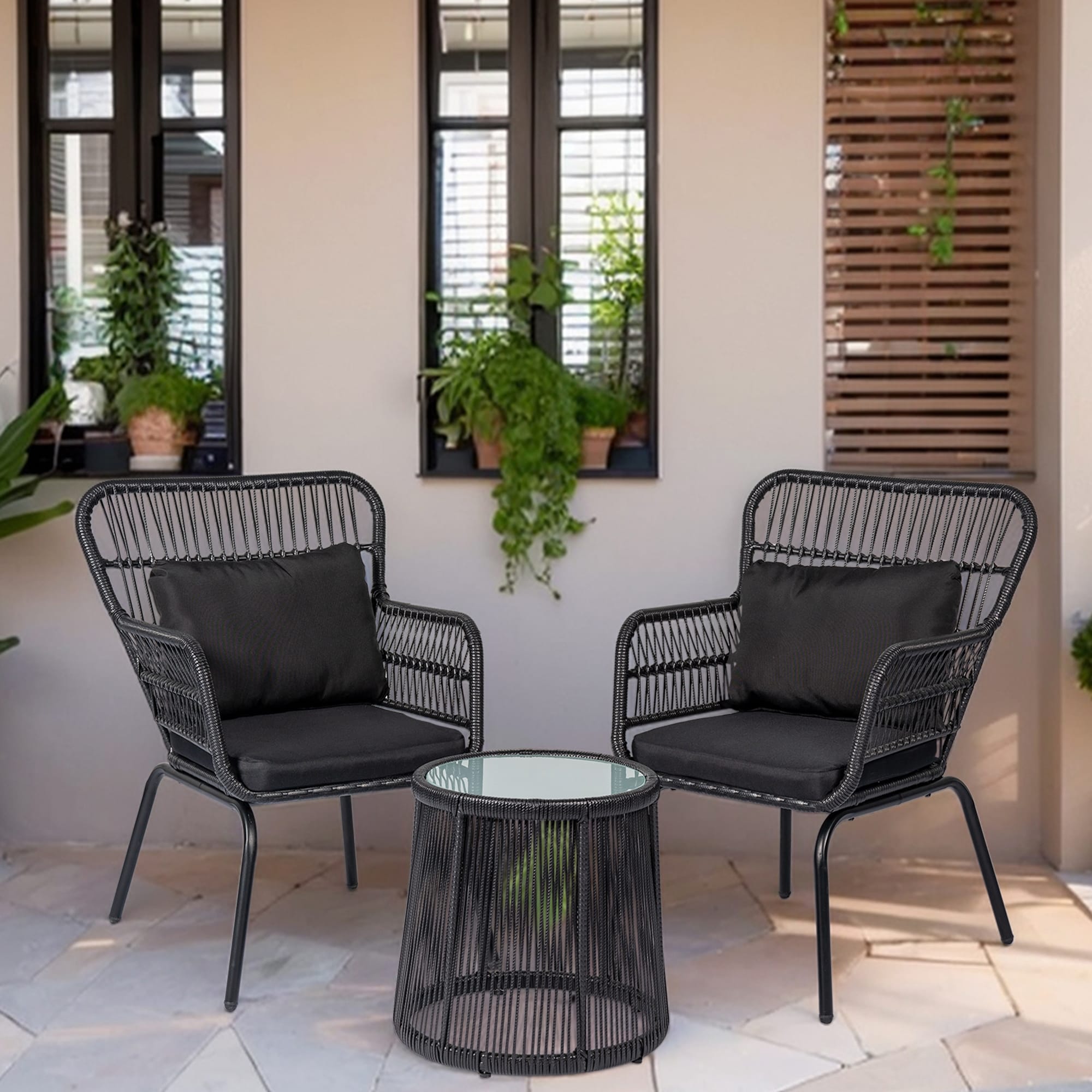 Ensemble de bistrot d'extérieur 3 pièces en osier, mobilier de jardin en rotin toutes saisons, chaises de patio avec coussins