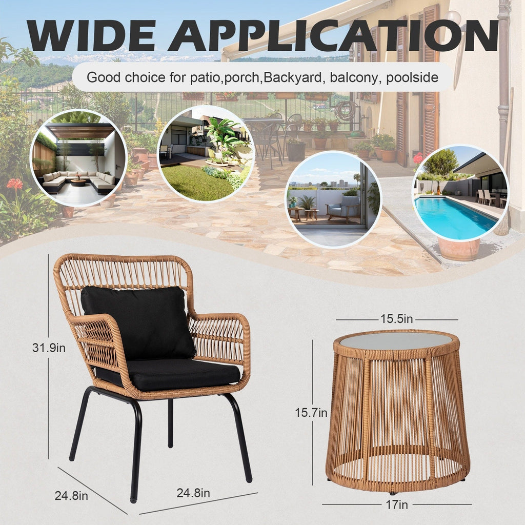 Ensemble de bistrot d'extérieur 3 pièces en osier, mobilier de jardin en rotin toutes saisons, chaises de patio avec coussins