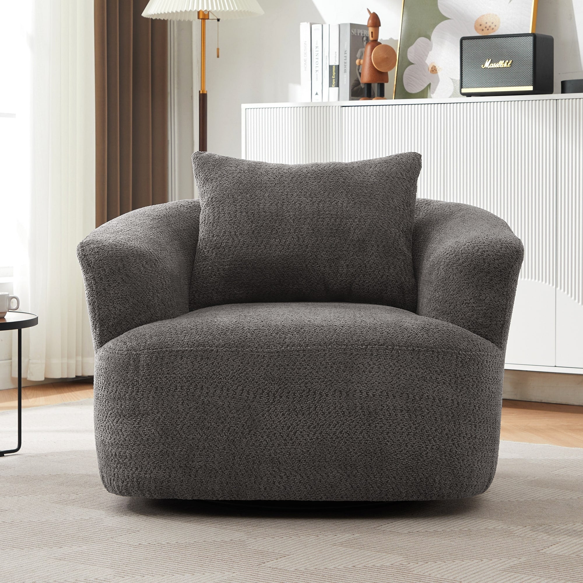Fauteuil pivotant à 360°, fauteuil d'appoint Boucle 38,2" avec coussin décoratif, fauteuil rembourré en forme de tonneau avec accoudoirs incurvés