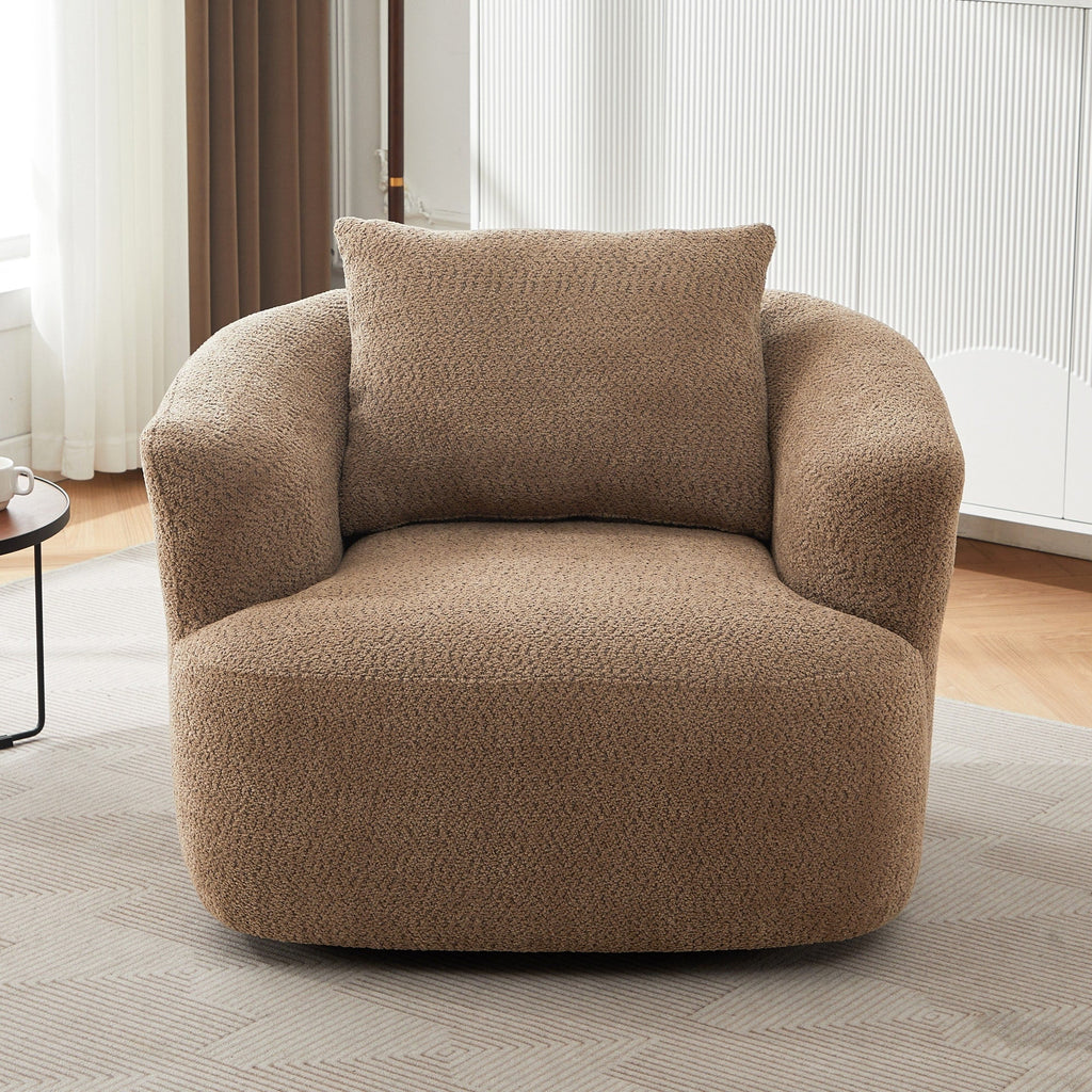 Fauteuil pivotant à 360°, fauteuil d'appoint Boucle 38,2" avec coussin décoratif, fauteuil rembourré en forme de tonneau avec accoudoirs incurvés