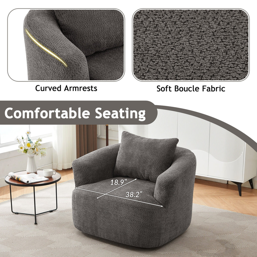Fauteuil pivotant à 360°, fauteuil d'appoint Boucle 38,2" avec coussin décoratif, fauteuil rembourré en forme de tonneau avec accoudoirs incurvés