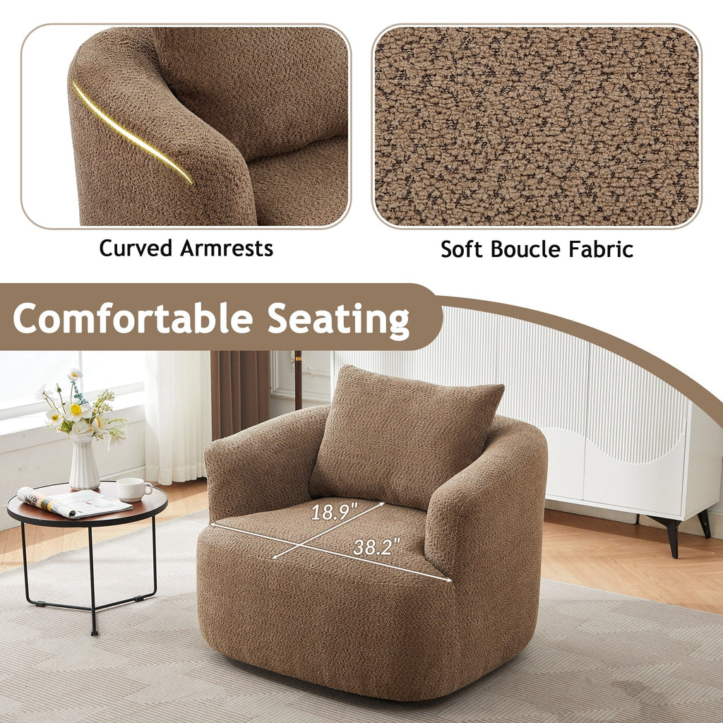 Fauteuil pivotant à 360°, fauteuil d'appoint Boucle 38,2" avec coussin décoratif, fauteuil rembourré en forme de tonneau avec accoudoirs incurvés