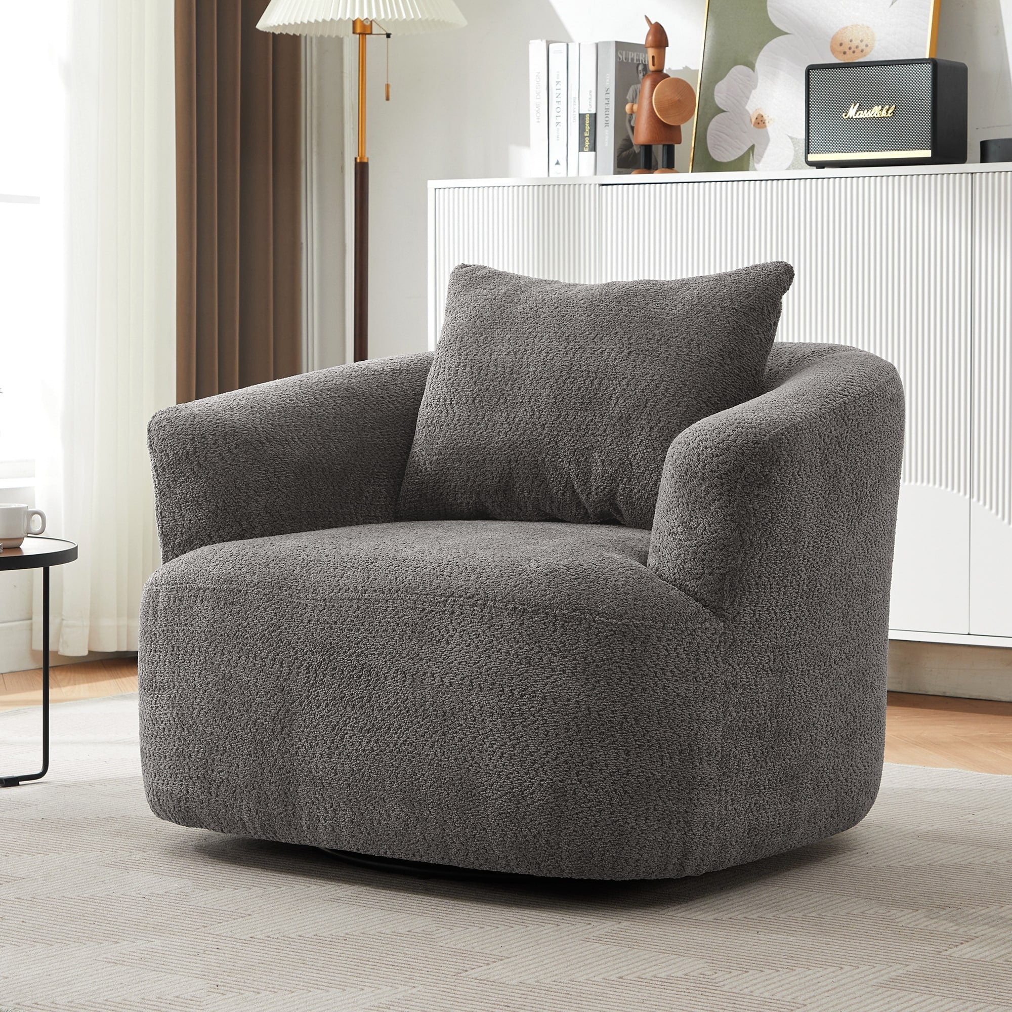 Fauteuil pivotant à 360°, fauteuil d'appoint Boucle 38,2" avec coussin décoratif, fauteuil rembourré en forme de tonneau avec accoudoirs incurvés