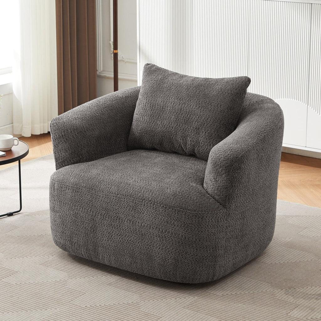 Fauteuil pivotant à 360°, fauteuil d'appoint Boucle 38,2" avec coussin décoratif, fauteuil rembourré en forme de tonneau avec accoudoirs incurvés