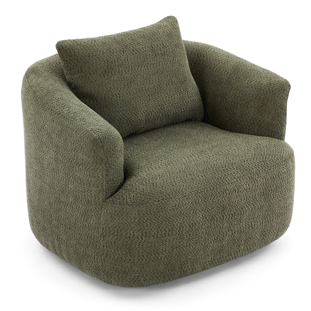 Fauteuil pivotant à 360°, fauteuil d'appoint Boucle 38,2" avec coussin décoratif, fauteuil rembourré en forme de tonneau avec accoudoirs incurvés