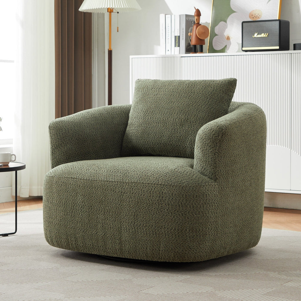 Fauteuil pivotant à 360°, fauteuil d'appoint Boucle 38,2" avec coussin décoratif, fauteuil rembourré en forme de tonneau avec accoudoirs incurvés