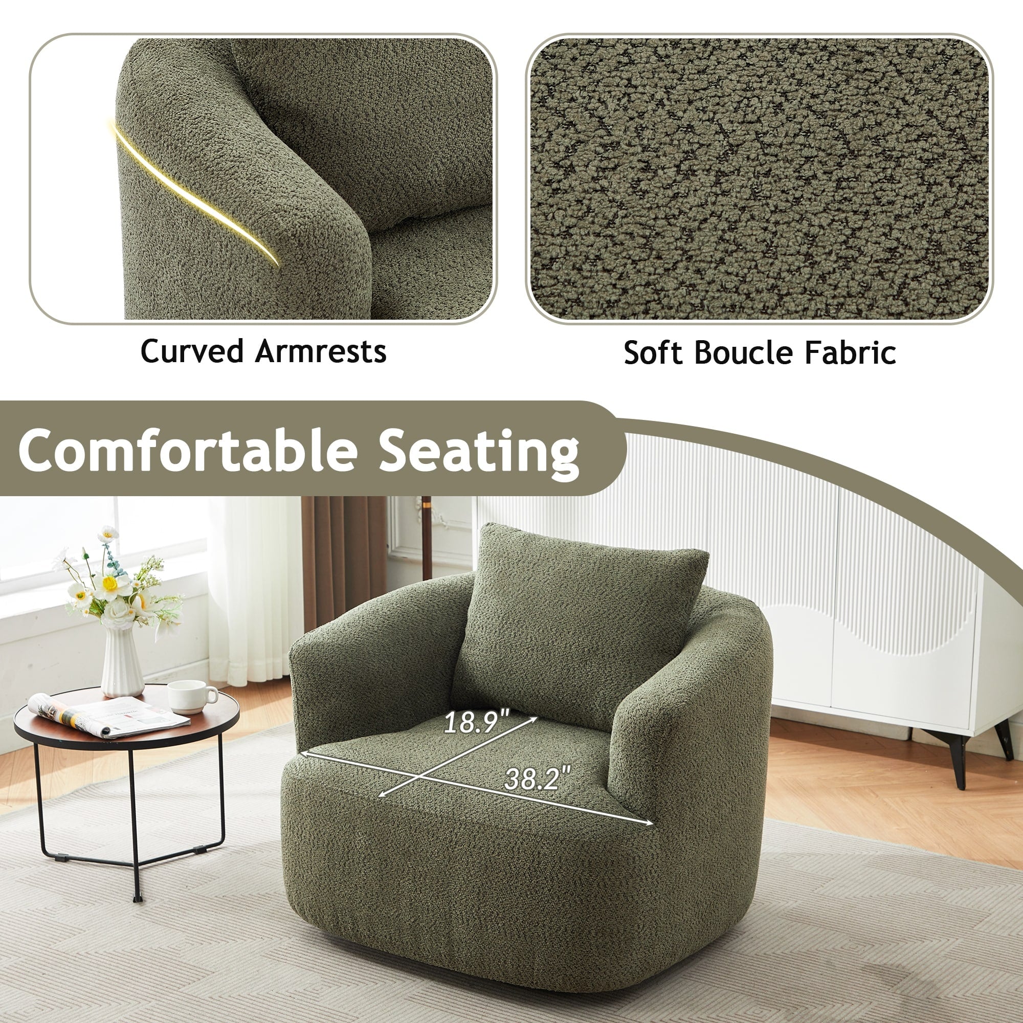 Fauteuil pivotant à 360°, fauteuil d'appoint Boucle 38,2" avec coussin décoratif, fauteuil rembourré en forme de tonneau avec accoudoirs incurvés