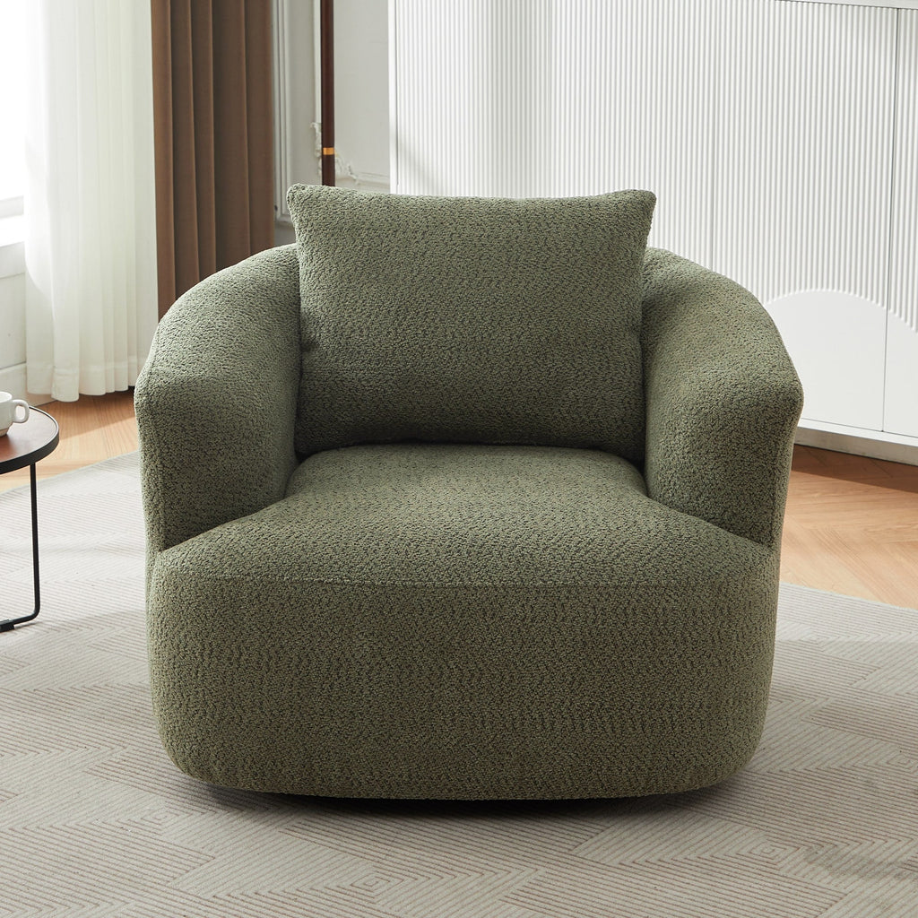 Fauteuil pivotant à 360°, fauteuil d'appoint Boucle 38,2" avec coussin décoratif, fauteuil rembourré en forme de tonneau avec accoudoirs incurvés