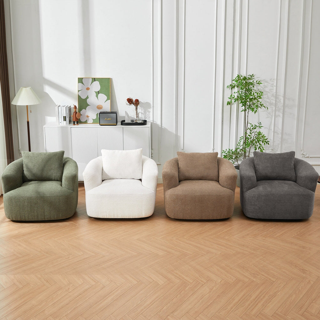 Fauteuil pivotant à 360°, fauteuil d'appoint Boucle 38,2" avec coussin décoratif, fauteuil rembourré en forme de tonneau avec accoudoirs incurvés