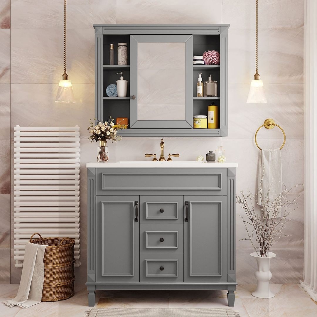 Meuble-lavabo moderne de 36 po avec lavabo supérieur et armoire à miroir, 2 portes et 2 tiroirs