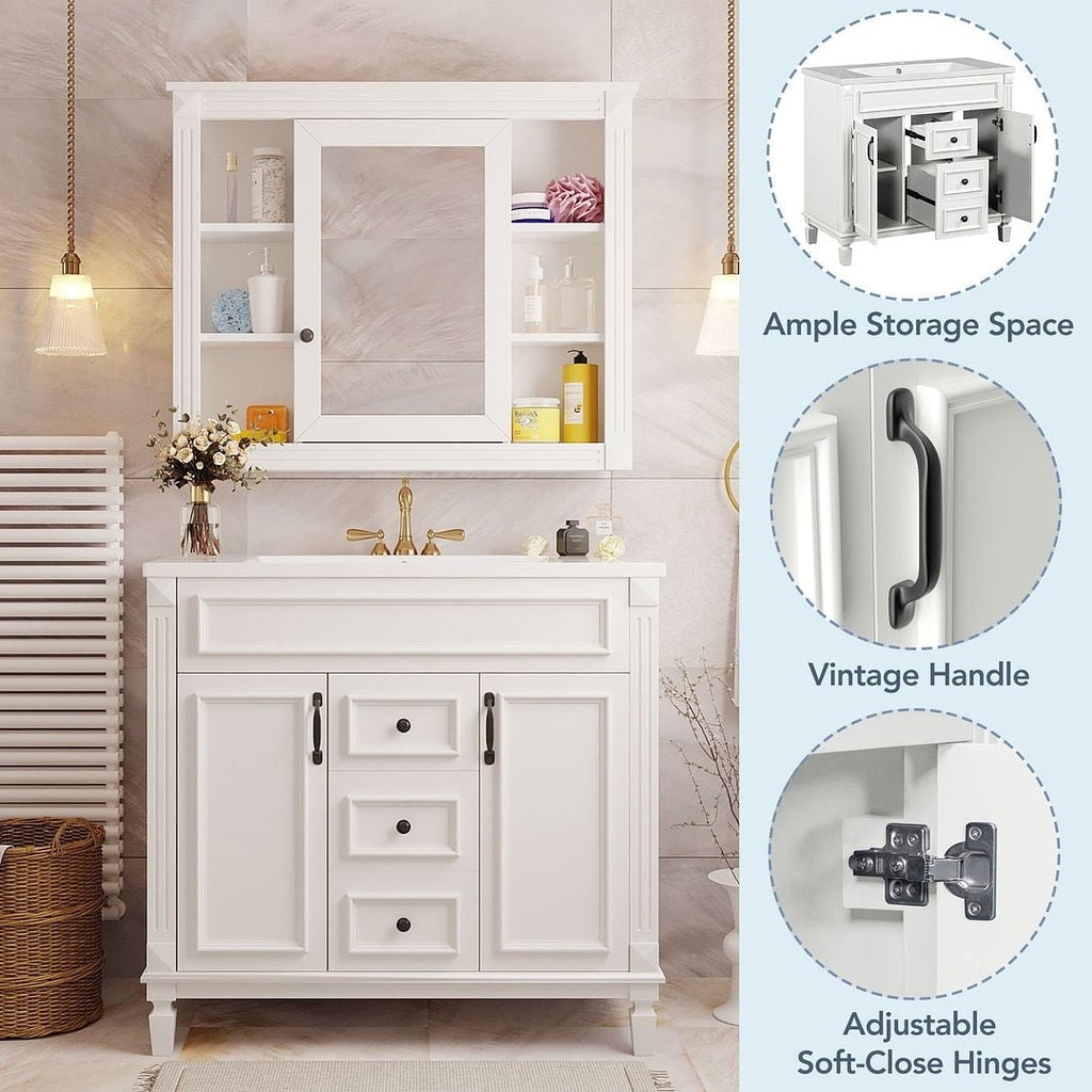 Meuble-lavabo moderne de 36 po avec lavabo supérieur et armoire à miroir, 2 portes et 2 tiroirs
