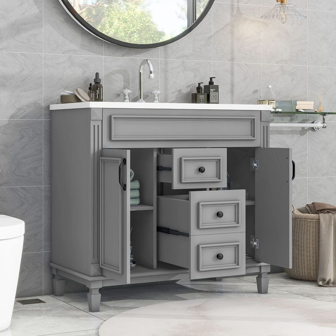 Meuble-lavabo moderne de 36 po avec lavabo supérieur et armoire à miroir, 2 portes et 2 tiroirs