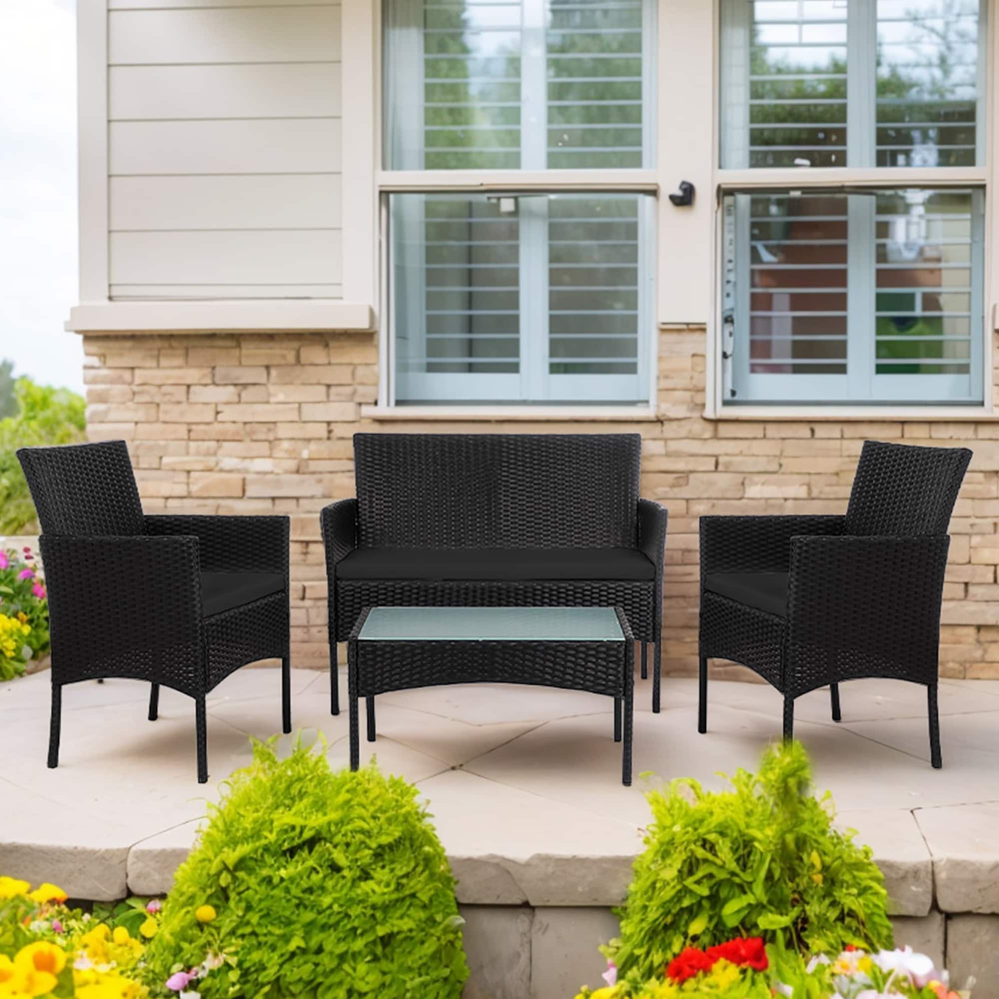 Ensemble de 4 meubles de jardin en osier, sectionnel et en rotin avec coussins