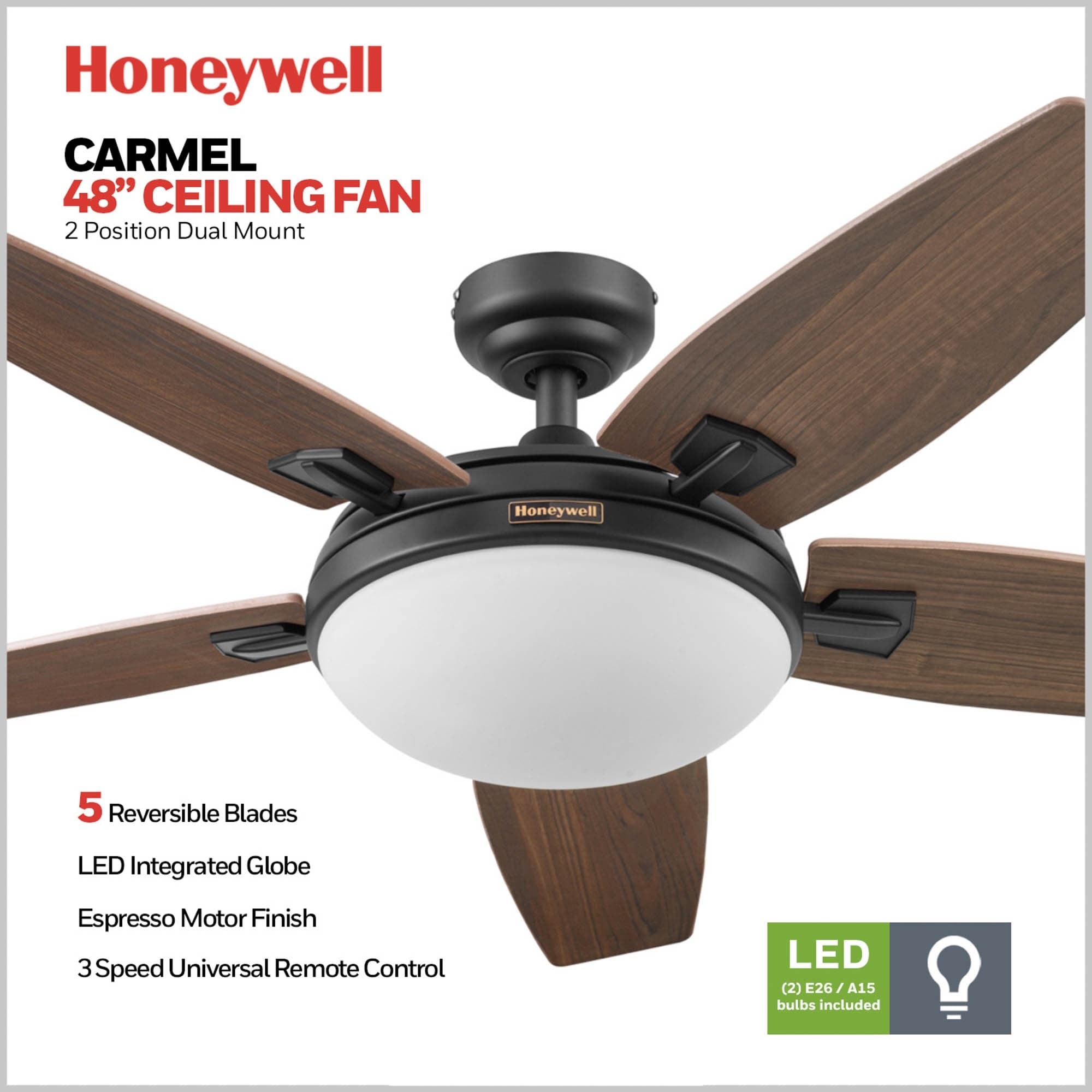 Ventilateur de plafond Honeywell Carmel 48 avec éclairage intégré et télécommande