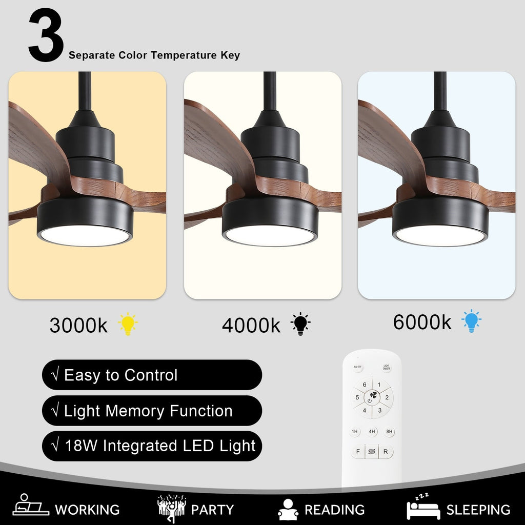Ventilateur de plafond à LED intégré 48 et 52 pouces avec lumière et télécommande, moteur CC réversible