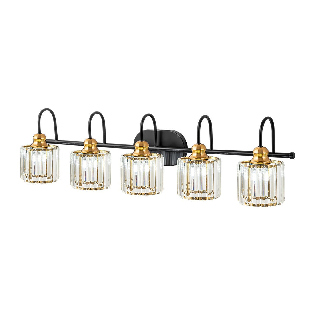 Luminaires de salle de bain en cristal à 5 ​​lumières, style glamour, linéaires et à intensité variable, avec abat-jour cylindrique en cristal