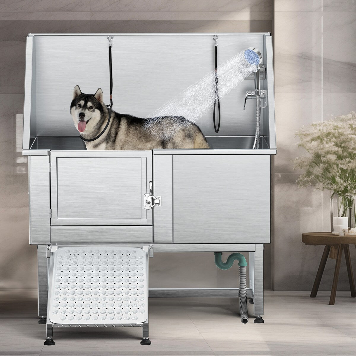 Baignoire de toilettage réglable en acier inoxydable de 50 po de largeur avec rampe et marches