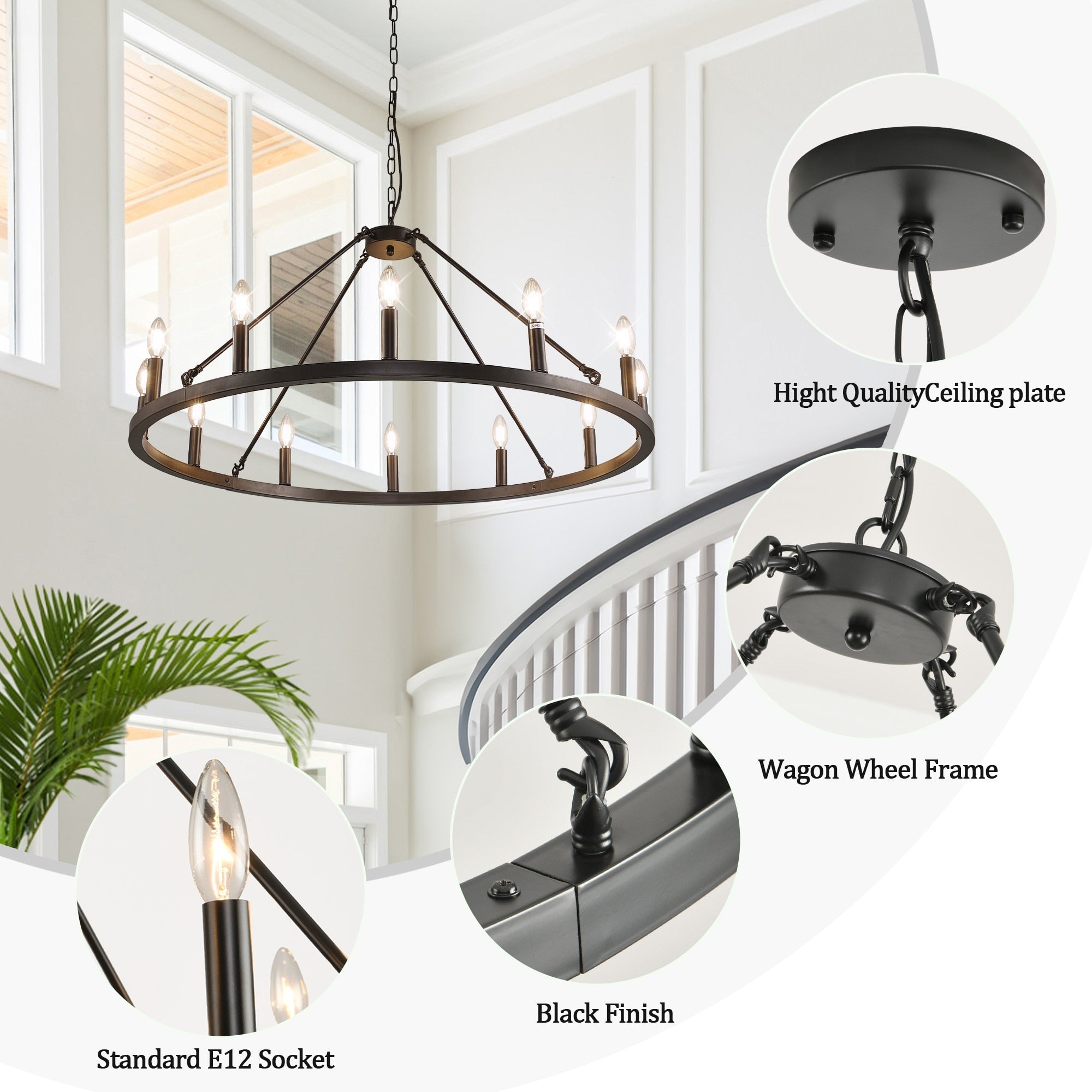 Lustre rond à 24 lumières en forme de roue de chariot de 54 pouces
