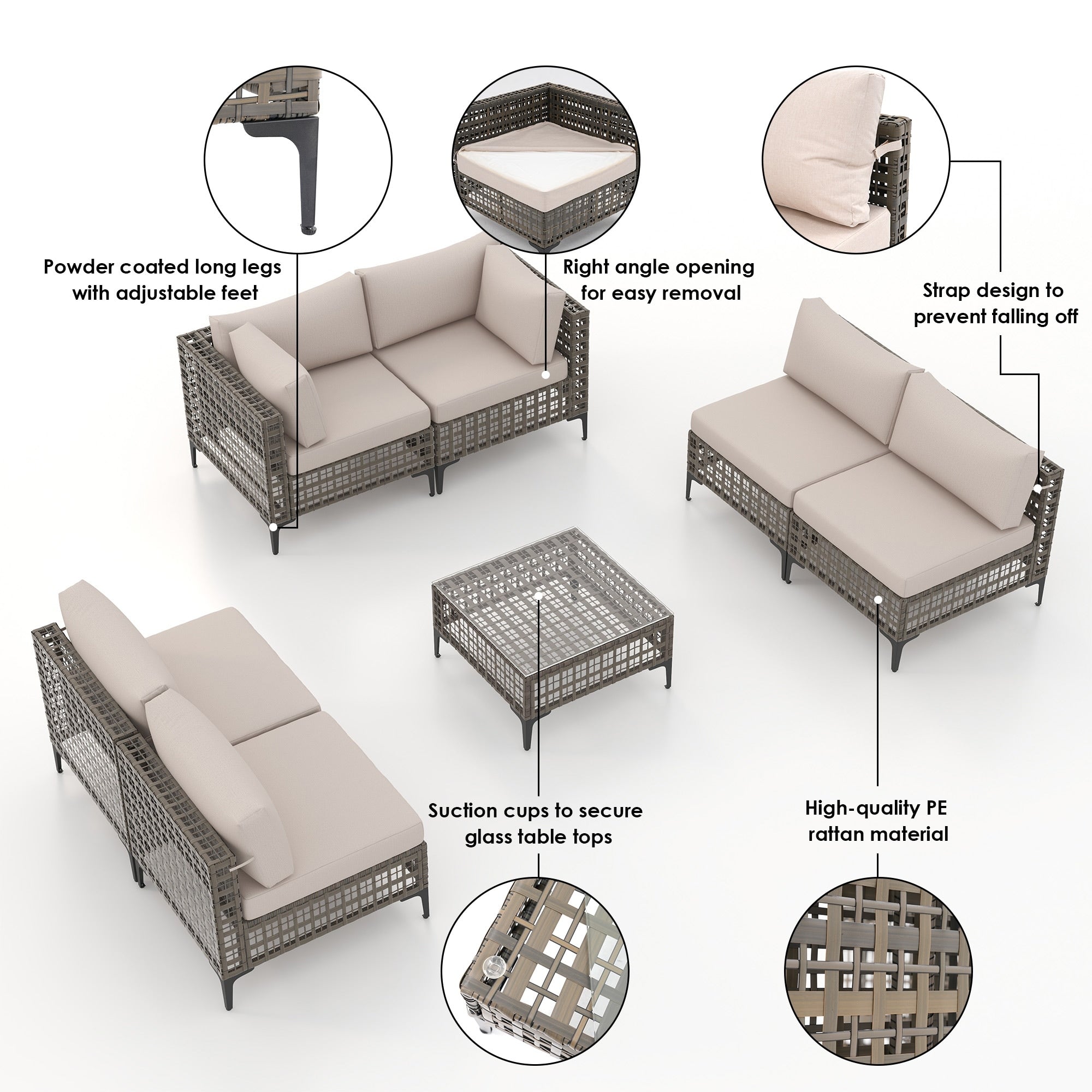 Ensemble de sièges d'extérieur sectionnels pour 6 personnes avec coussins