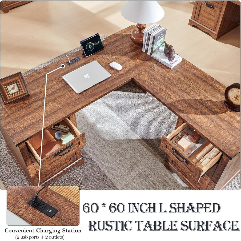 Bureau de direction en L de style ferme, bureau d'angle en bois, bureau d'ordinateur