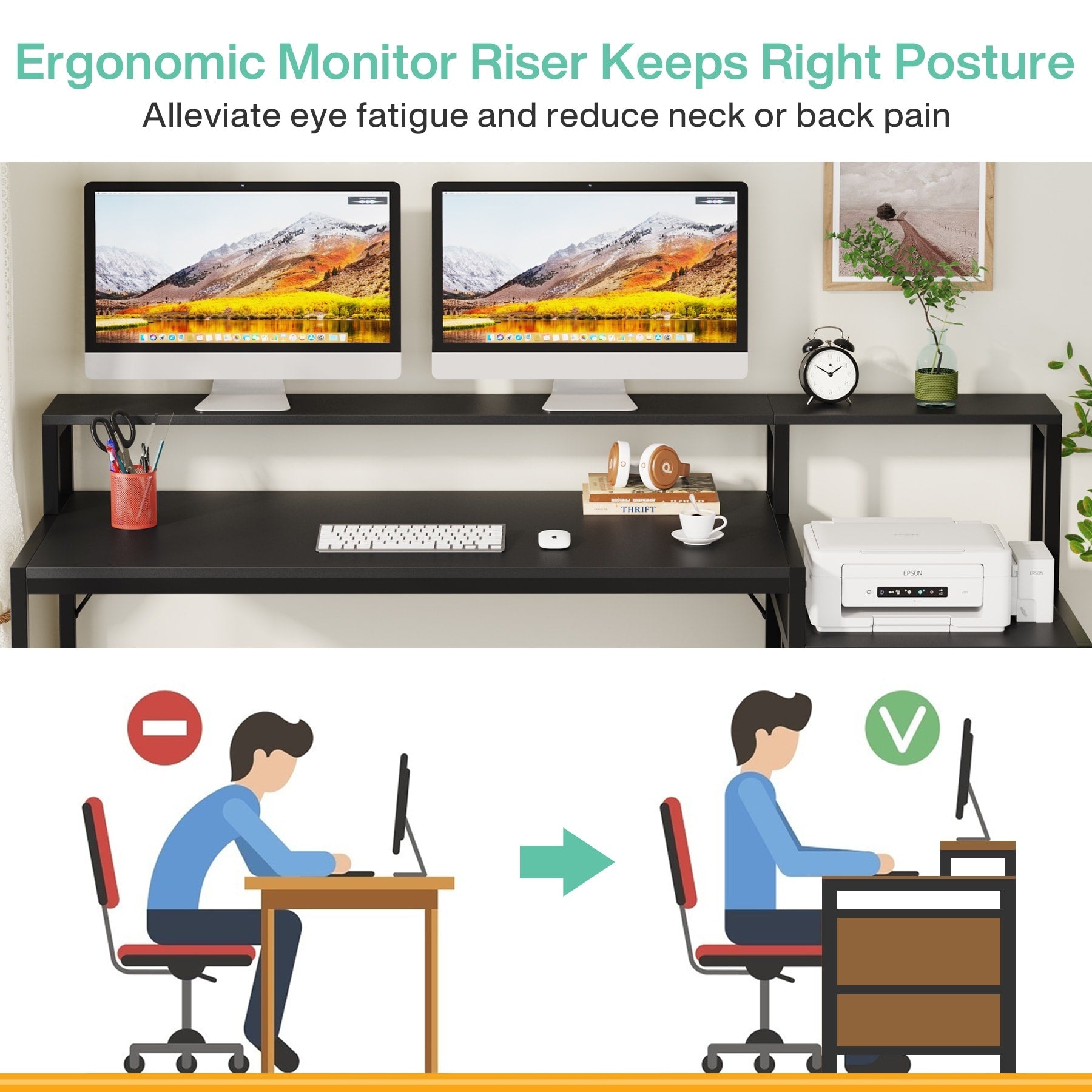 Bureau d'ordinateur 63 avec support d'écran, bureaux ergonomiques pour la maison avec tiroirs et classeur