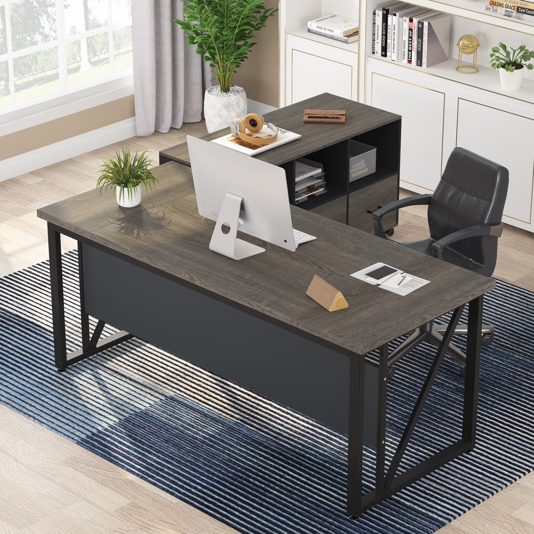 Bureau d'ordinateur en L de 63 pouces avec classeur latéral de 47 pouces, ensemble de bureau exécutif pour la maison