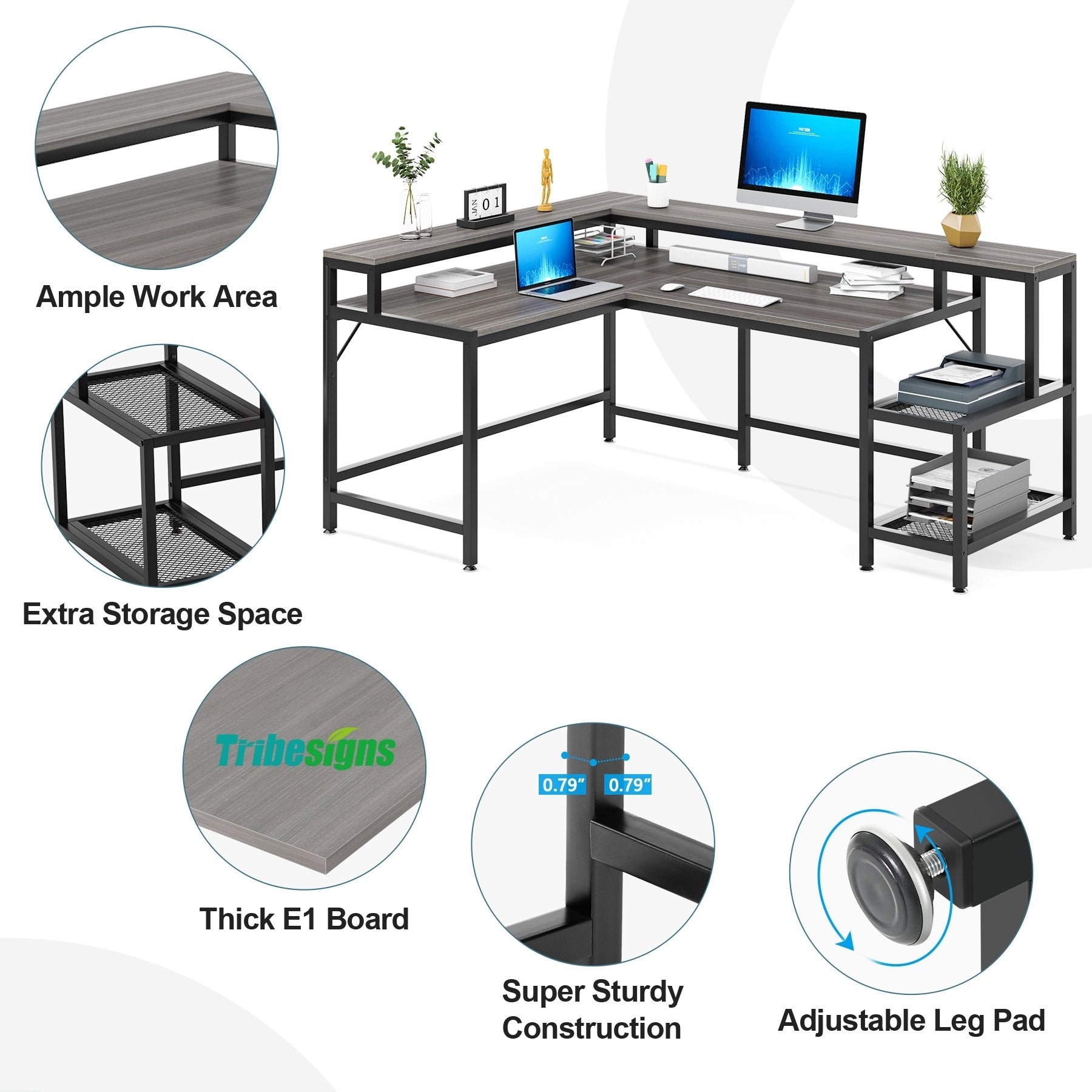 Bureau en L avec étagère pour écran, bureau d'angle réversible pour bureau à domicile 69