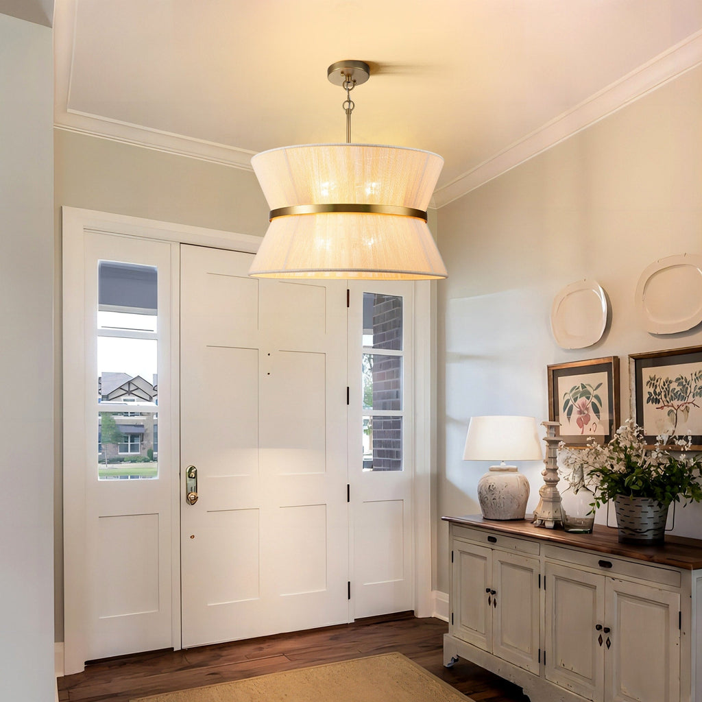 Lustre tambour bohème moderne à 8 lumières, grand format, 61 cm, en tissu tissé à la main, couleur or/noir, pour salle à manger/salon