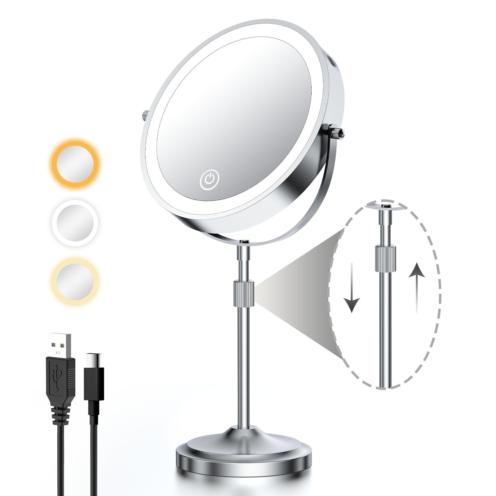 Miroir de maquillage éclairé à 9 LED, miroir grossissant double face avec grossissement 1X/10x, 3 couleurs d'éclairage