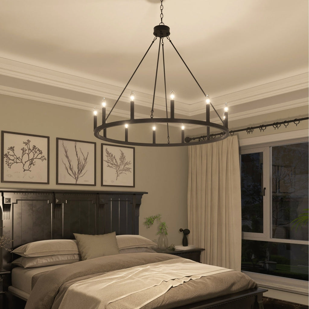 Lustre Acroma Farmhouse à 12 lumières, 40 po, en forme de roue de chariot, certifié UL - 40 po P x 138 po H