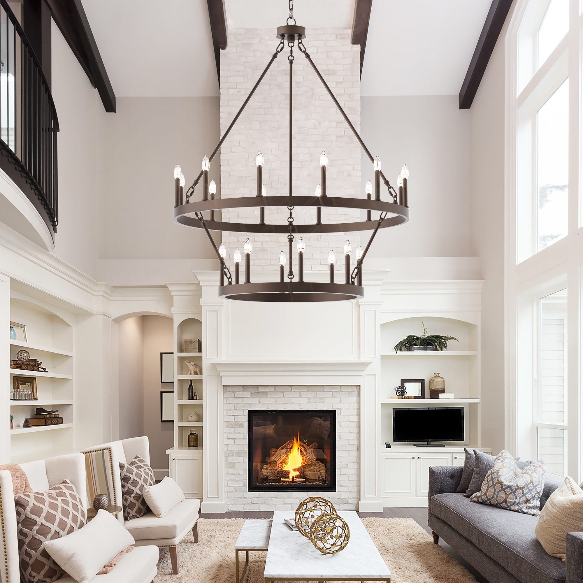 Lustre rond en forme de roue de chariot de style ferme moderne Acroma à 20 lumières de 40 po avec UL