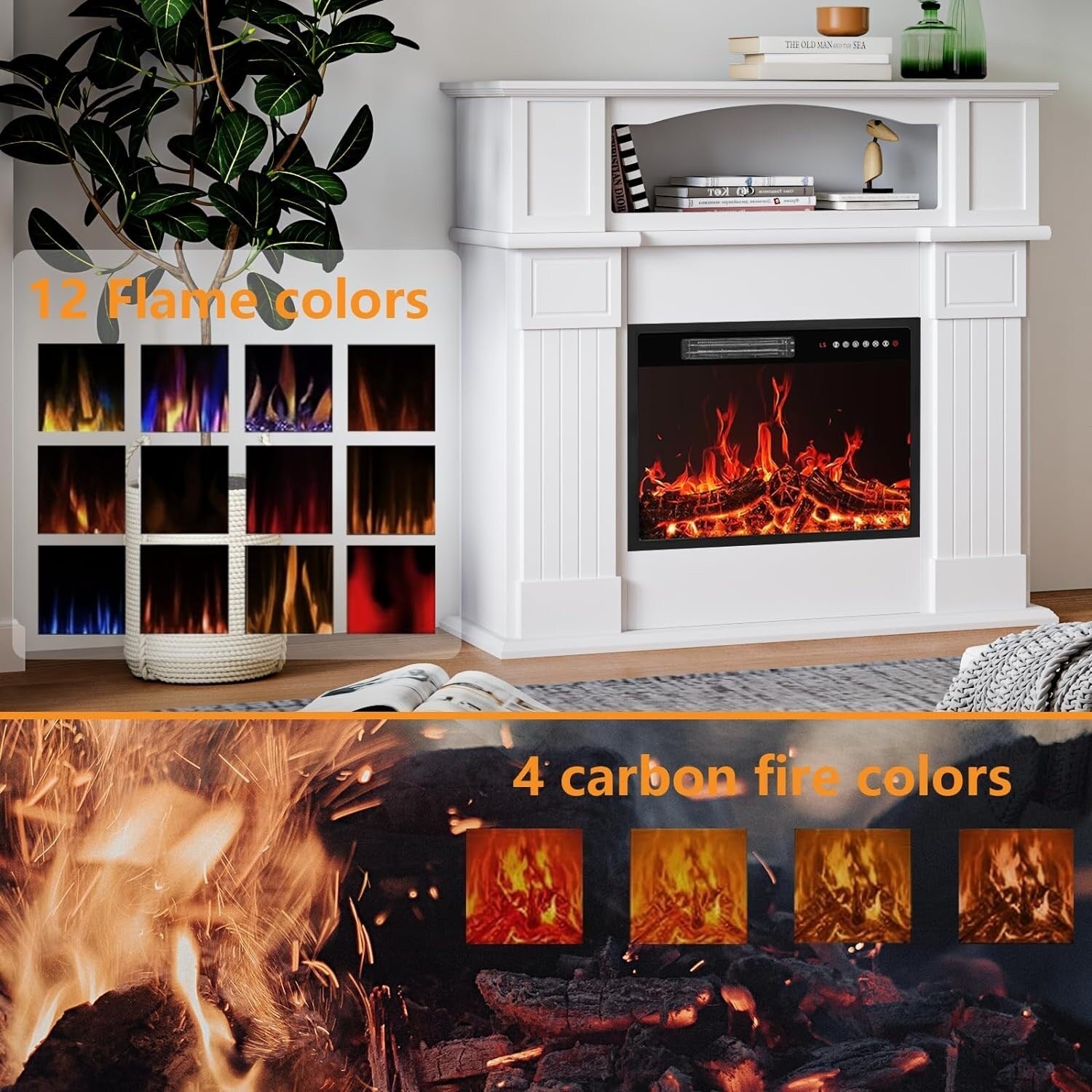 Cheminée électrique Bossin 43 avec manteau, insert de cheminée électrique de 23 pouces, meuble TV autonome avec foyer en bois