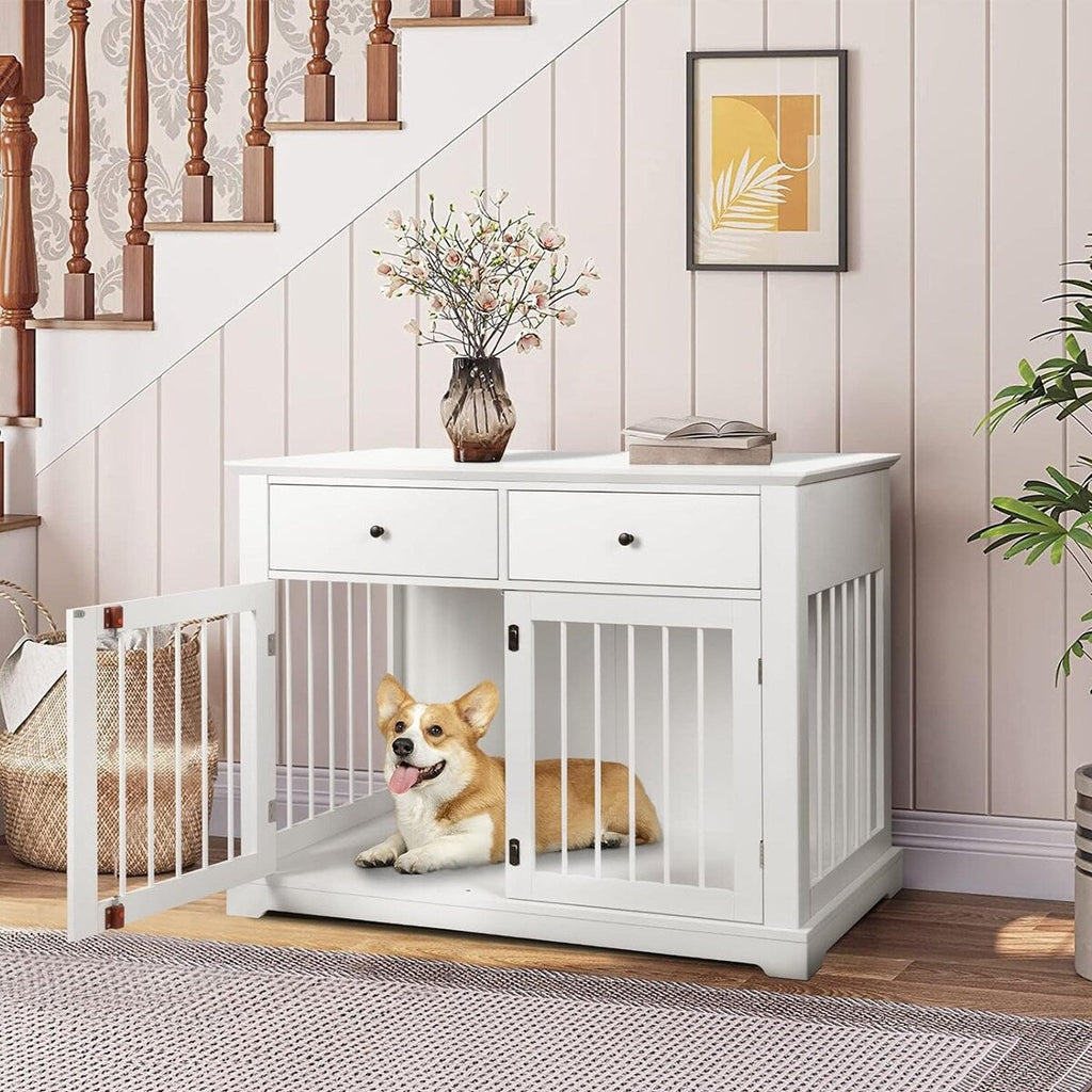 Cage pour chien Bossin de 111 cm de large, table d'appoint en bois avec tiroirs de rangement, niche décorative pour animaux de compagnie.