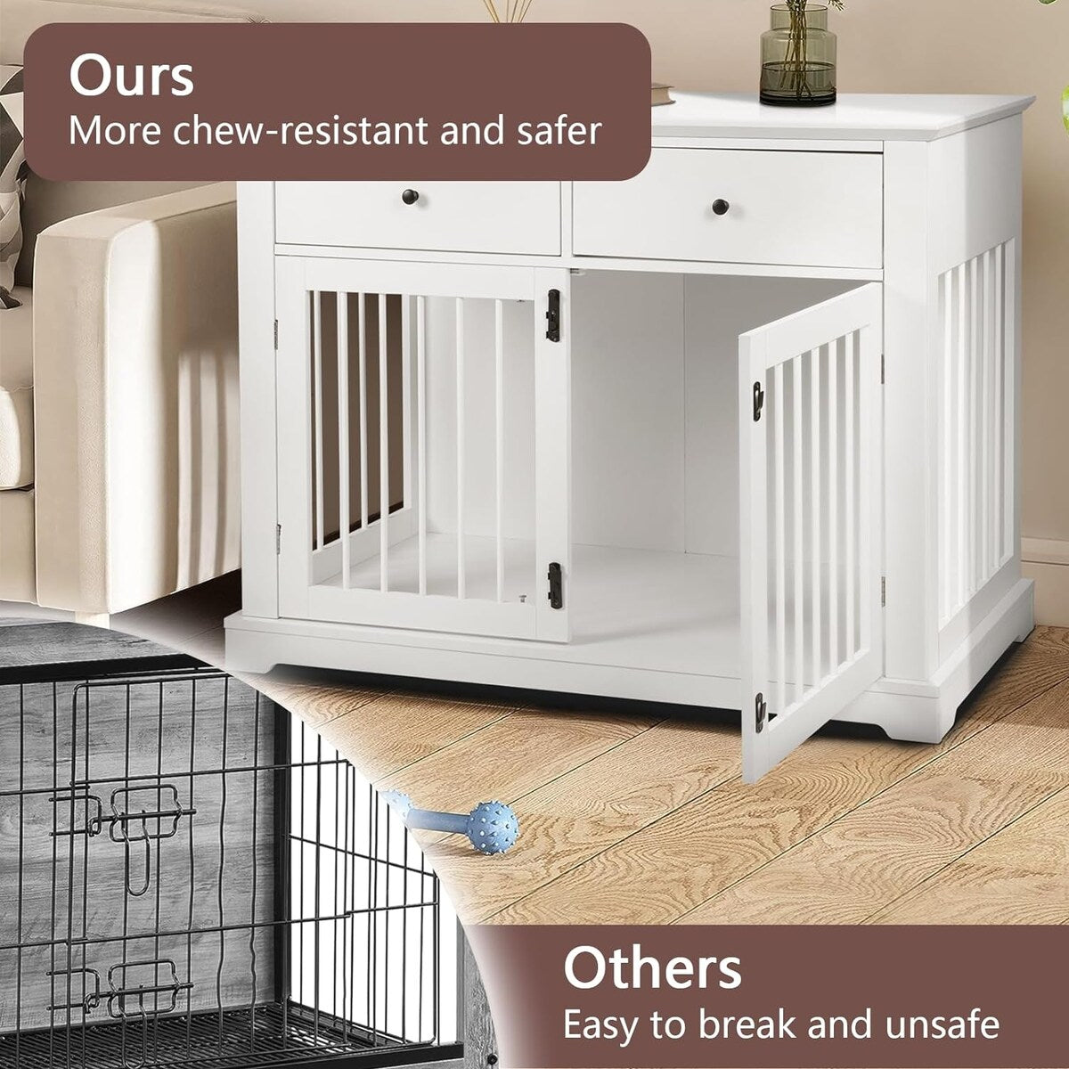 Cage pour chien Bossin de 111 cm de large, table d'appoint en bois avec tiroirs de rangement, niche décorative pour animaux de compagnie.