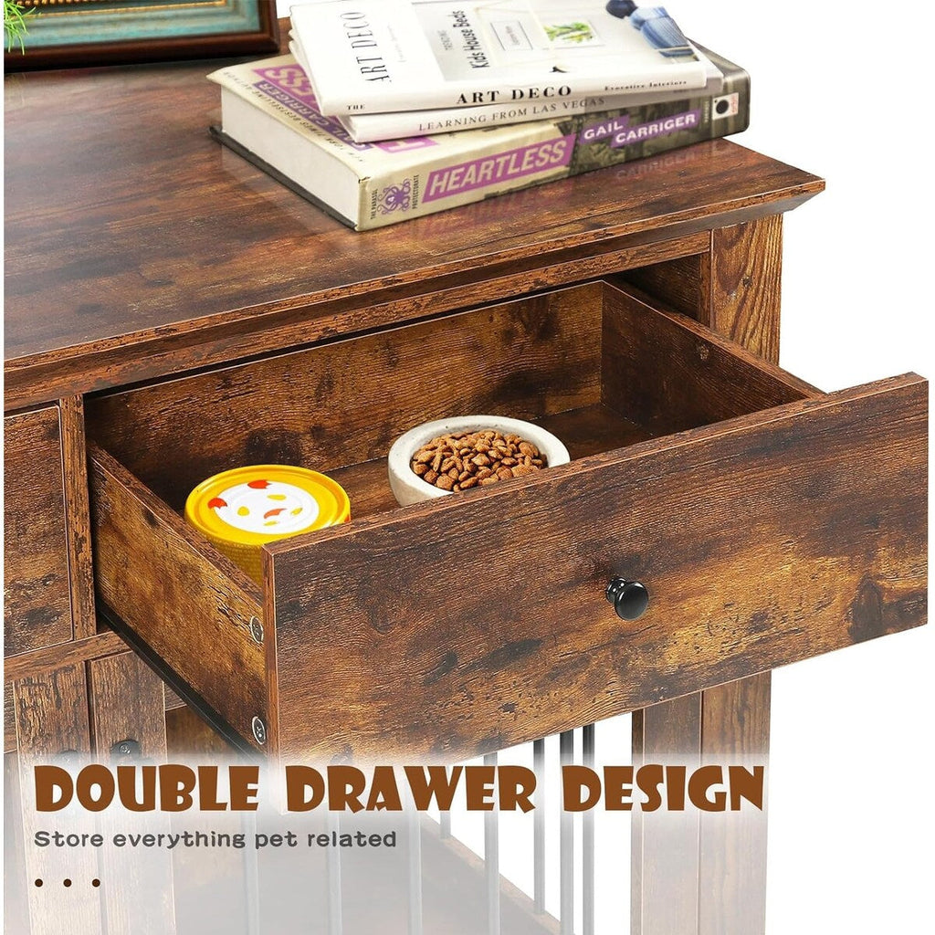 Cage pour chien Bossin de 111 cm de large, table d'appoint en bois avec tiroirs de rangement, niche décorative pour animaux de compagnie.