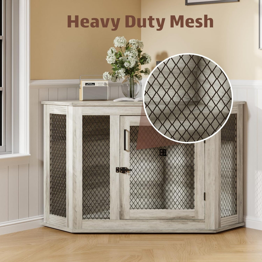 Niche d'angle pour chien Bossin, niche en bois de 44/52 pouces avec filet, niche décorative en bois pour chien, idéale pour l'intérieur