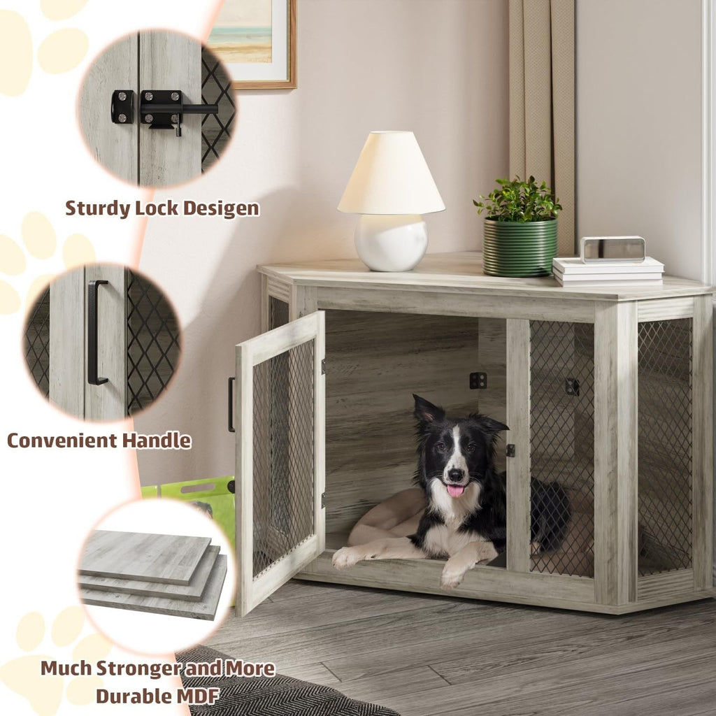 Niche d'angle pour chien Bossin, niche en bois de 44/52 pouces avec filet, niche décorative en bois pour chien, idéale pour l'intérieur