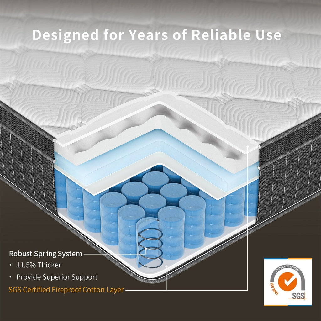 Matelas hybride à ressorts refroidissants SweDrea 12 po mi-ferme, isolation des mouvements, certifié CertiPUR-US, SGS et OEKO-TEX.