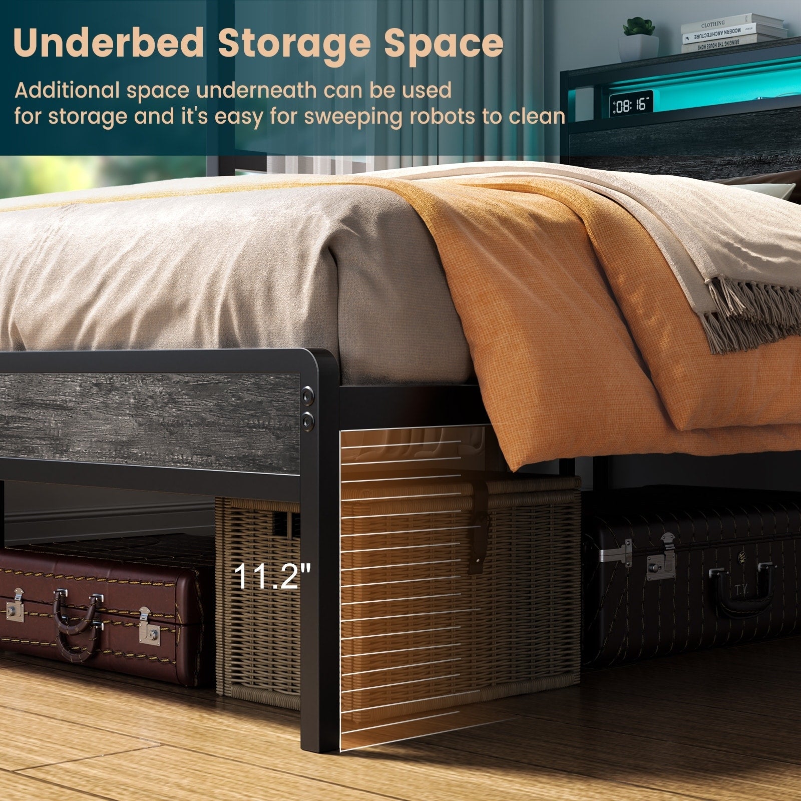 Cadre de lit plateforme en bois de style ferme avec station de charge et lumières LED