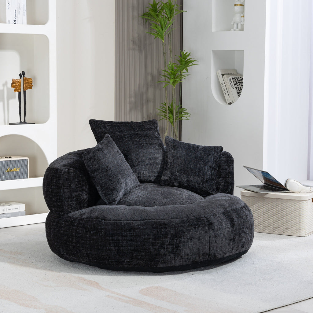 Pouf simple surdimensionné en chenille noir de 42,52 pouces avec trois oreillers pour chambre à coucher