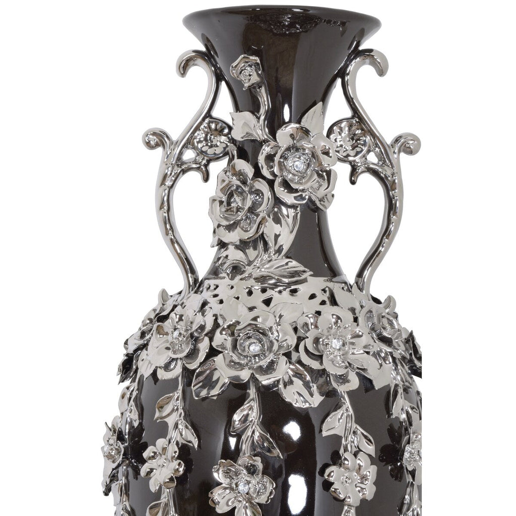Superbe vase orné de bijoux en forme de fleuron noir et argent de 35 pouces de hauteur
